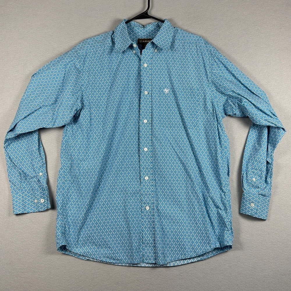 Ariat Classic Fit Button Down Geometric Diamond Print Shirt Large Blue White